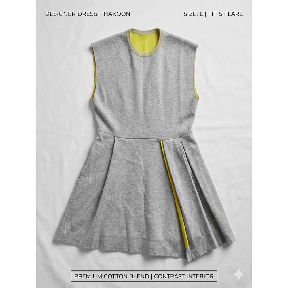 Thakoon Gray & Citron Yellow Cotton Blend Pleated Fit & Flare Dress Large